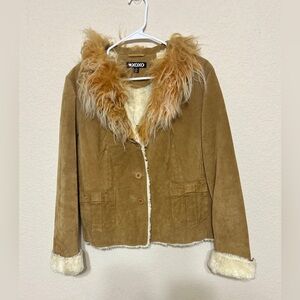 Vintage XOXO Leather Jacket Fur Collar Lined Women's Size XL Tan  Y2K 90s